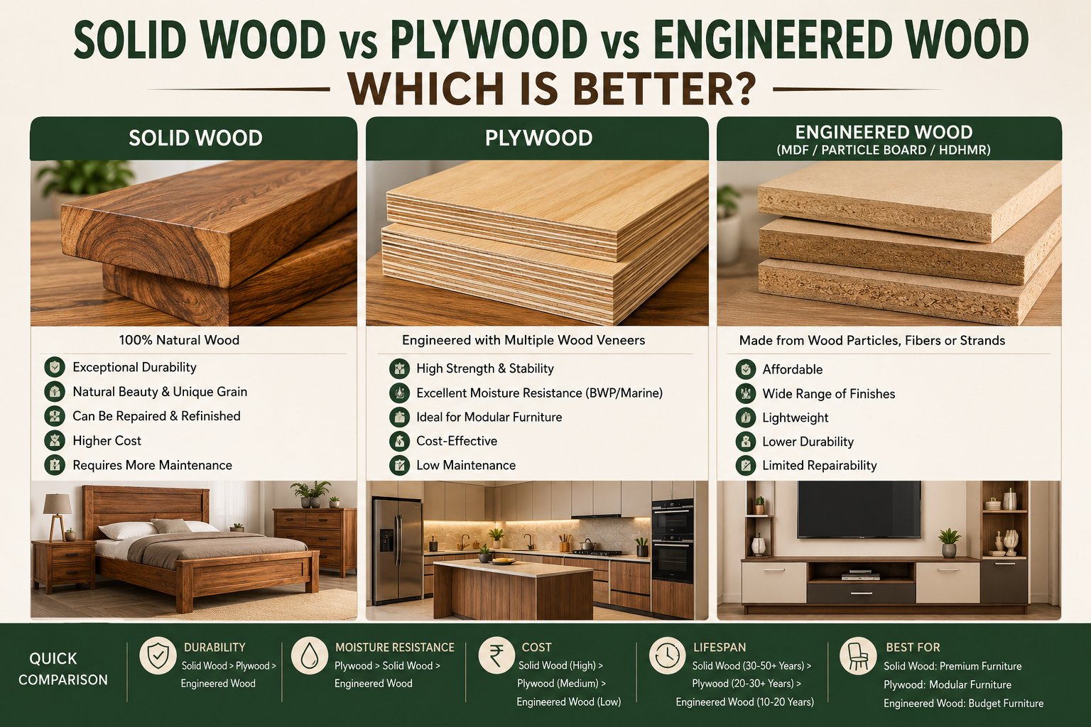 Solid Wood vs Plywood vs Engineered Wood Furniture: Which is Better?