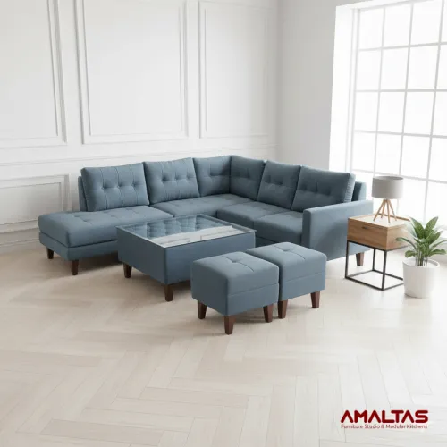 Amaltas L Shape Sofa | Modern Sofa Set Design |  Wooden Legs - Sofas