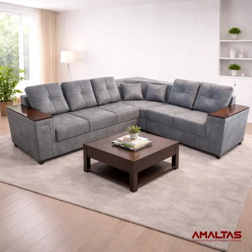 Amaltas L Shaped Sofa with Wooden Handles - Sofas