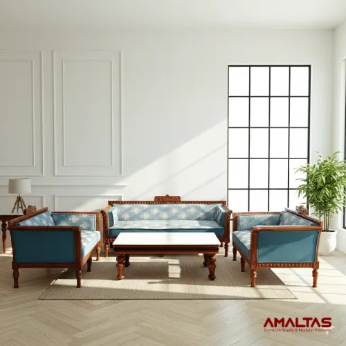 Amaltas Teak Wood Low Back Carving Sofa - Sofas