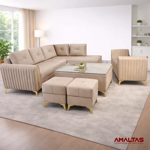 Amaltas Golden Pillar L shaped Sofa - Sofas