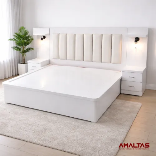 Amaltas White Bed with Platform and Fully Hydrolic Storage - Bedroom