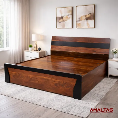 Amaltas Engineered Wood King size Bed with Box Storage and Leg Side Trolly - Bedroom
