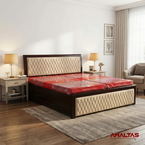 Amaltas Teak Wood Cross Quilted Bed - Bedroom