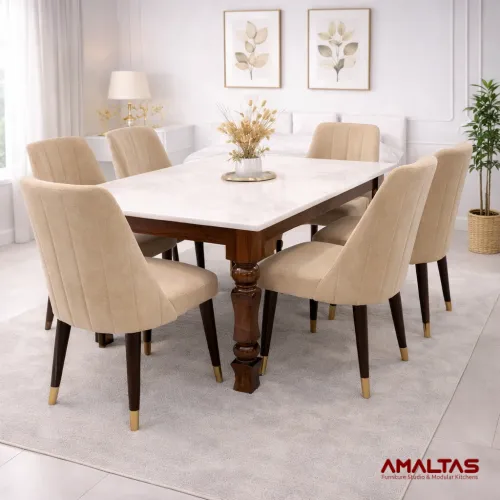Amaltas Round Back Marble top Dining Set - Dining