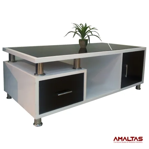 Amaltas Center Table with Drawer and Lacquered Glass Top
