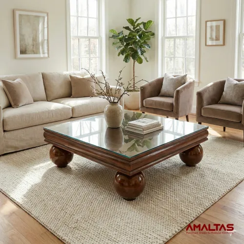 Amaltas Teak Wood Center Table with Teak Football Legs
