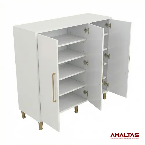 Amaltas Glossy White Shoe Rack in Plywood & Mica Lamination - Wardrobes