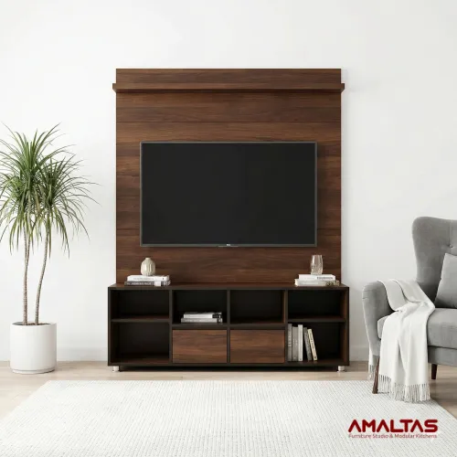 Amaltas Wooden TV Unit with Open Shelf and Drawers