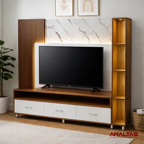 Amaltas TV Unit with Lowers Design, Back Light and Open Rack
