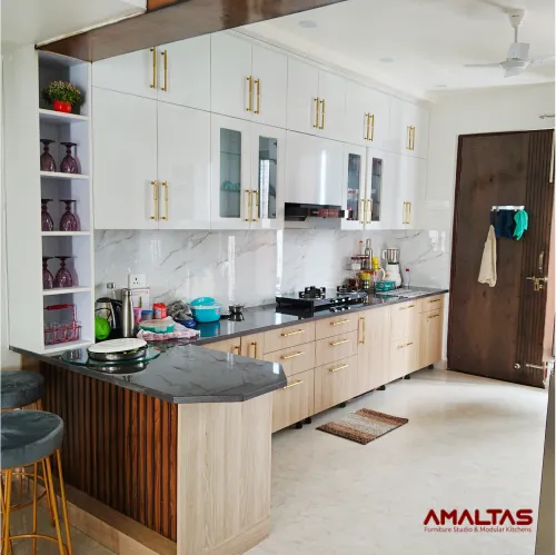 Amaltas H Shaped Kitchen with Upper Kitchen Cabinets