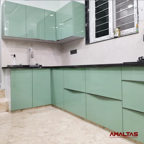 Amaltas Green Acrylic Modular Kitchen with Hettich Hardware and Boilio board