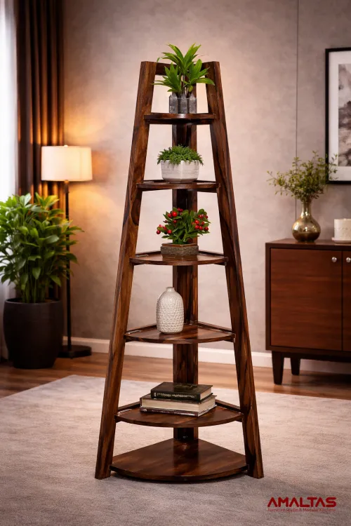 Amaltas Sheesham Wood Corner Stand cum Book Display - Interior