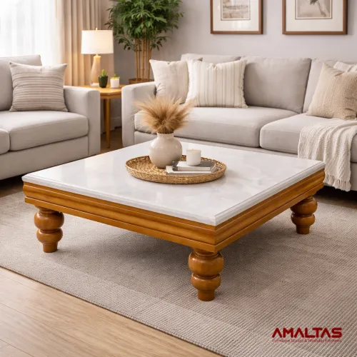 Amaltas Solid Wood Center Table with White Onyx Top