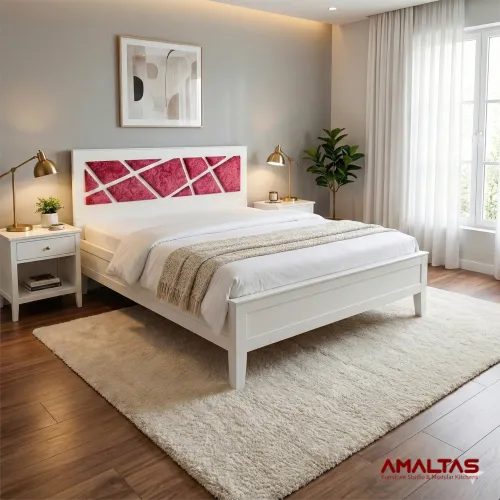 Amaltas Ray White Polished Bed - Bedroom