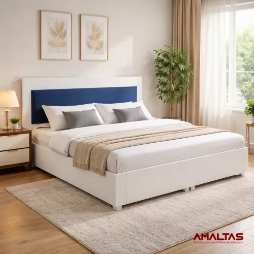 Amaltas Oxford White PU Polished Bed - Bedroom