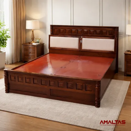 Amaltas Mewar Teak Wood Bed with Counter Storage - Bedroom