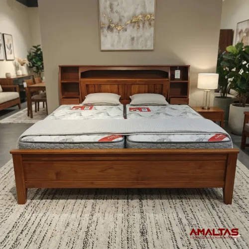 Amaltas Crescent Wooden Bed with Head Storage - Bedroom