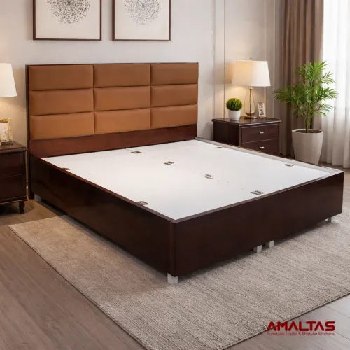 Amaltas Kitkat Cushioned bed with Laminated Box Storage - Bedroom