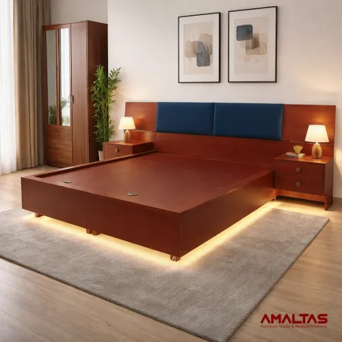 Amaltas Floating Double Bed with Lights - Bedroom