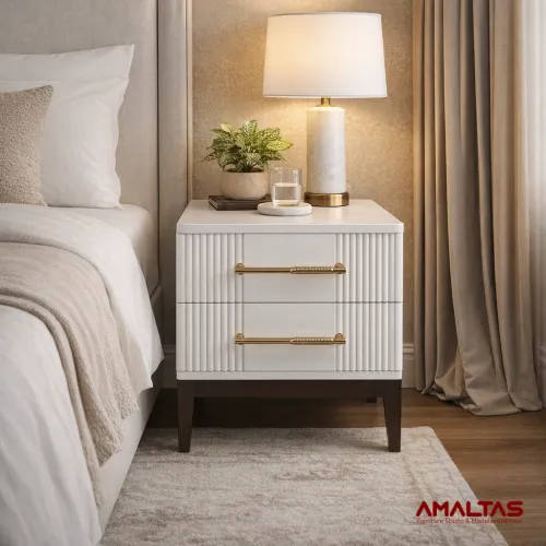 Amaltas Fluted White PU Polished Bed side Table - Bedroom