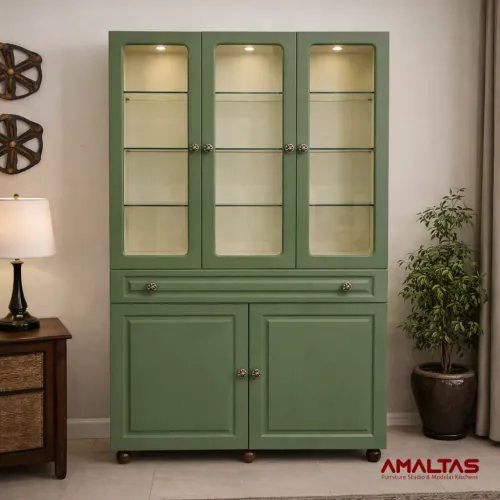 Amaltas Green PU Polished Crockery Unit - Wardrobes