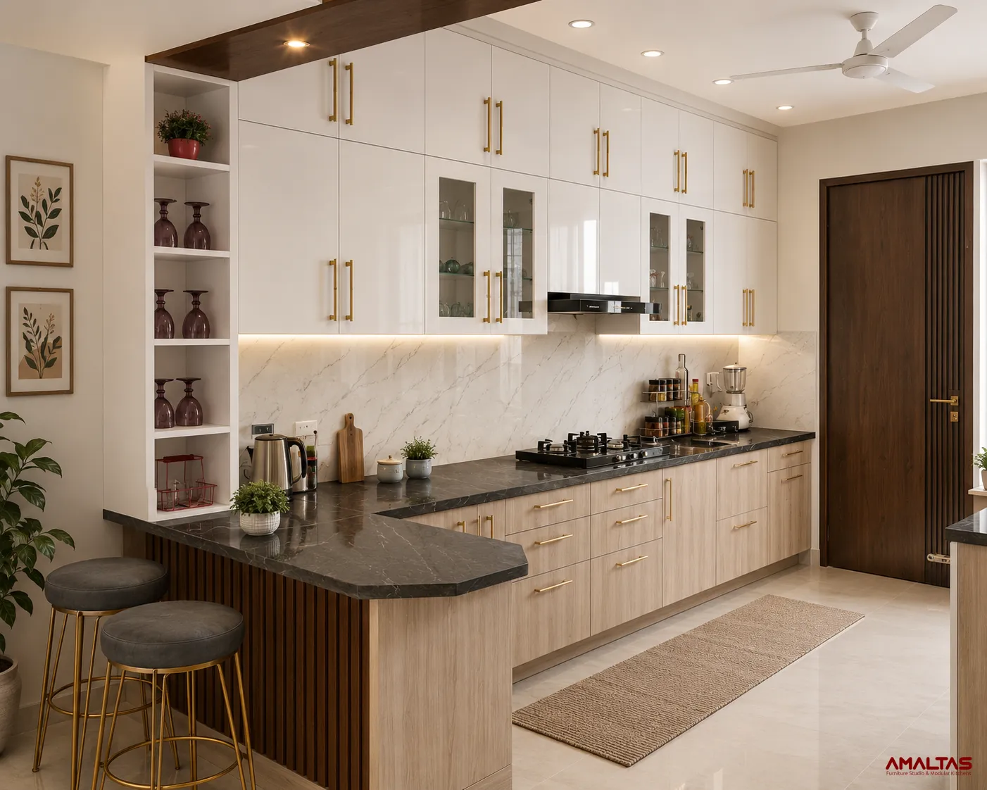 Amaltas H Shaped Kitchen with Upper Kitchen Cabinets