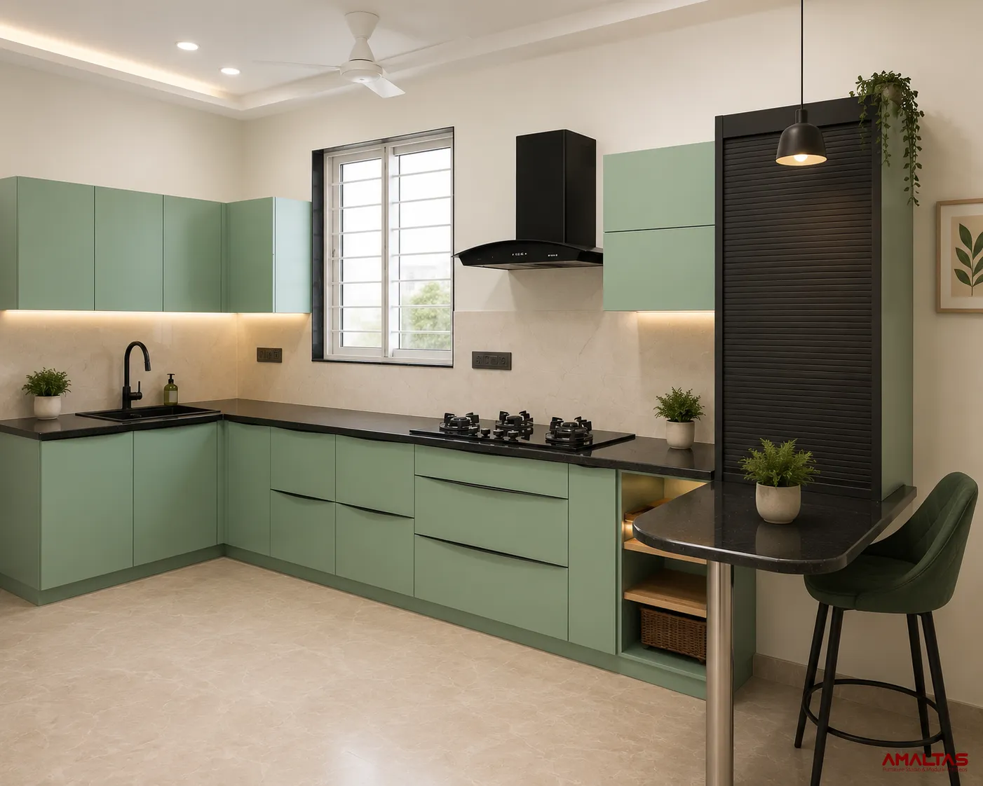 Amaltas Green Acrylic Modular Kitchen with Hettich Hardware and Boilio board