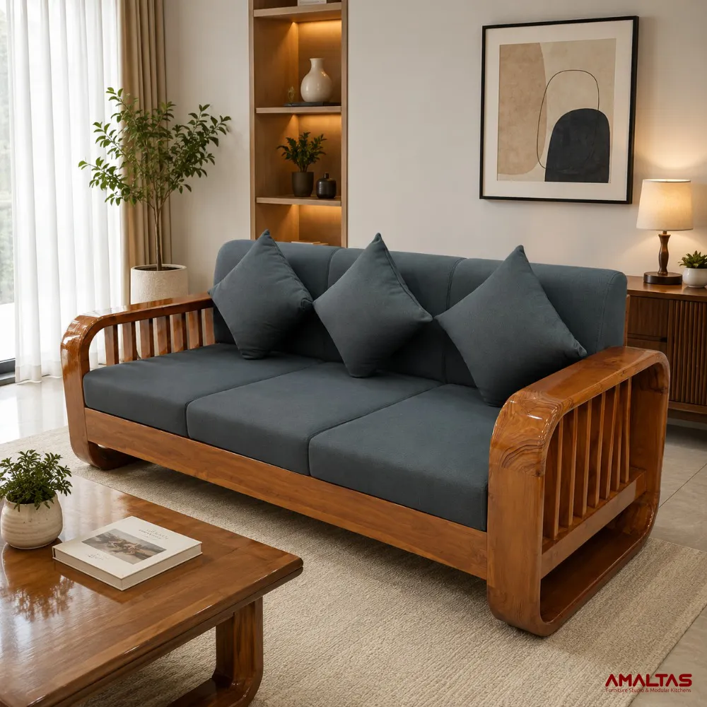 Amaltas Round Handle Sofa ~ Made From Uttrakhand Teak - Sofas