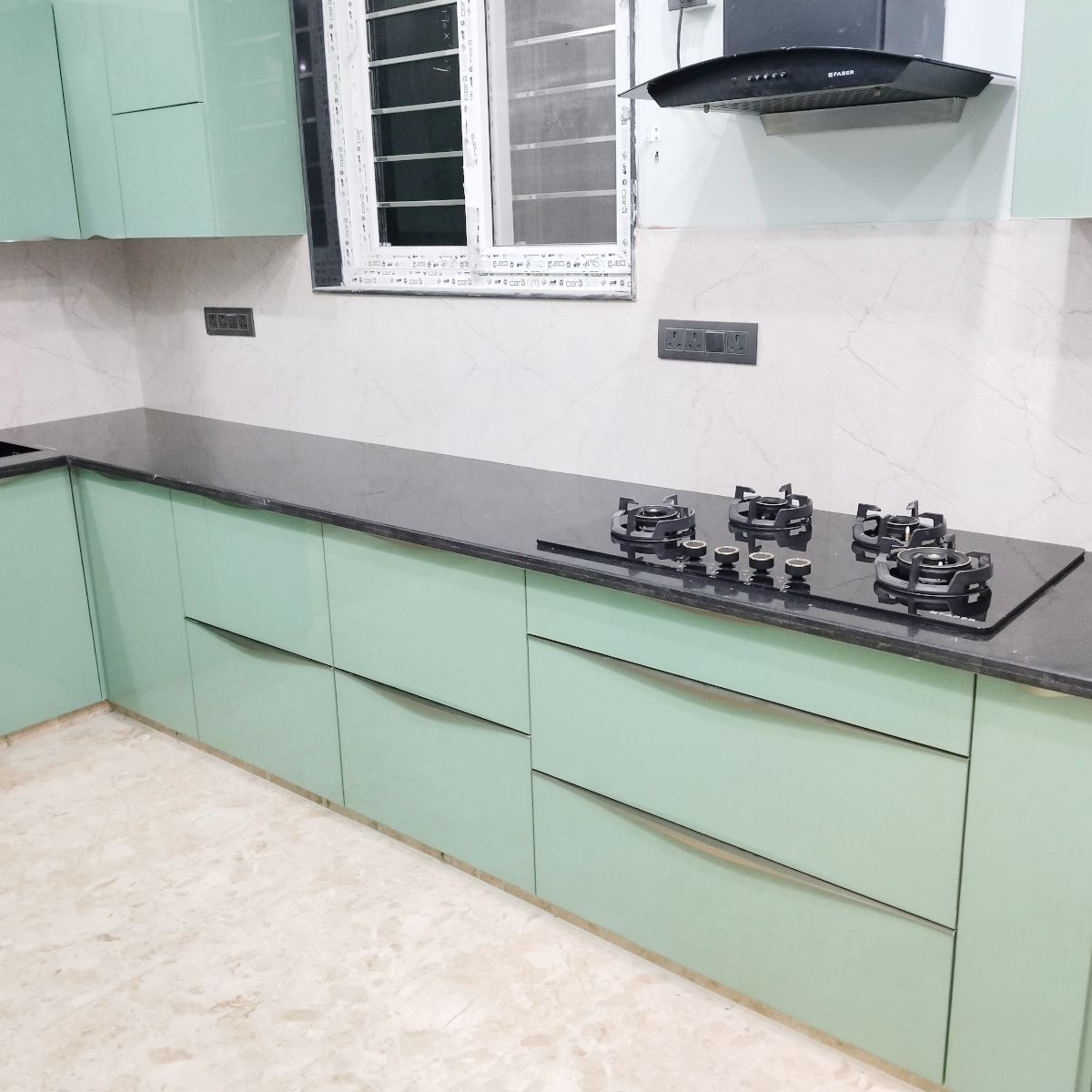 Amaltas Green Acrylic Modular Kitchen with Hettich Hardware and Boilio Board