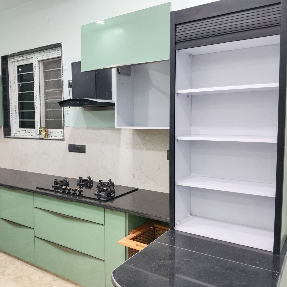 Amaltas Green Acrylic Modular Kitchen with Hettich Hardware and Boilio Board