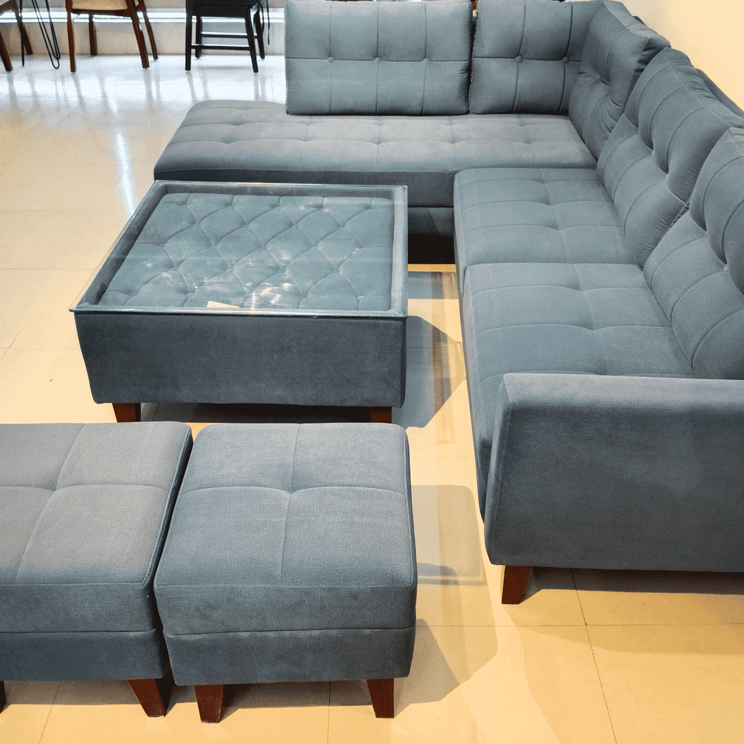 Amaltas L Shape Sofa | Modern Sofa Set Design |  Wooden Legs