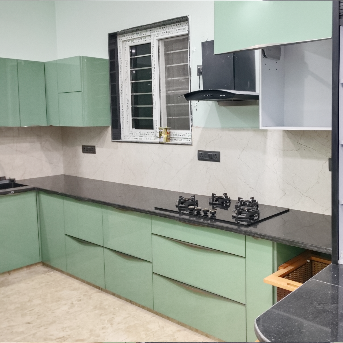 Amaltas Green Acrylic Modular Kitchen with Hettich Hardware and Boilio Board