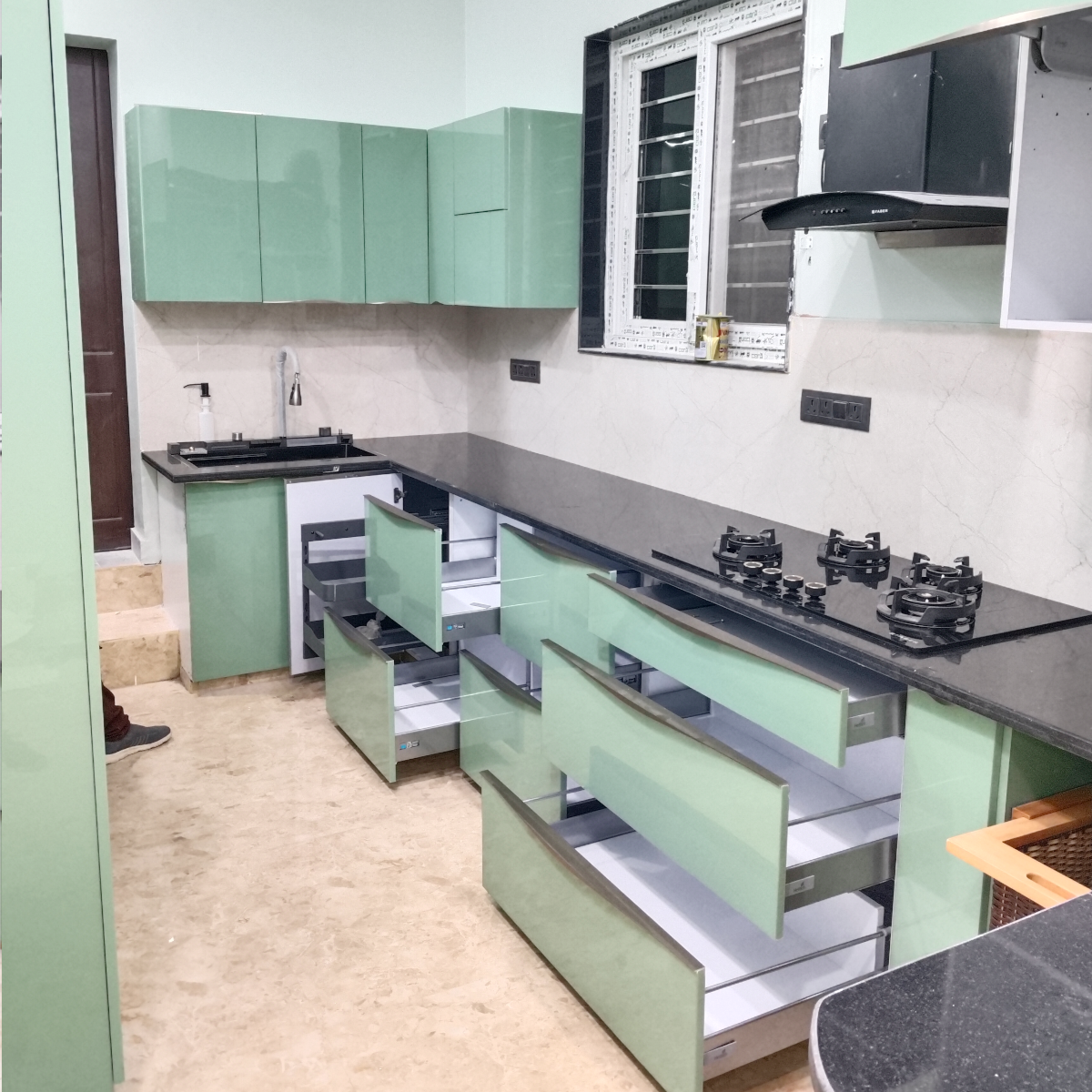 Amaltas Green Acrylic Modular Kitchen with Hettich Hardware and Boilio Board