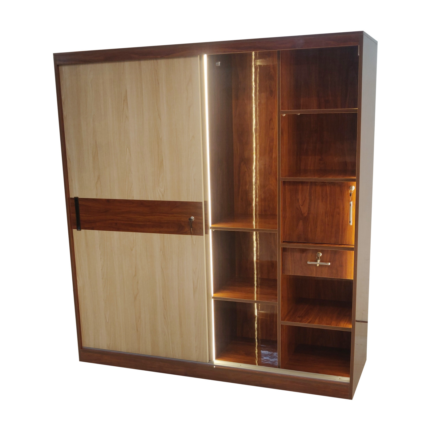 Amaltas Hi Gloss Slider Wardrobe in Mica and Ply ~ With Profile Lights
