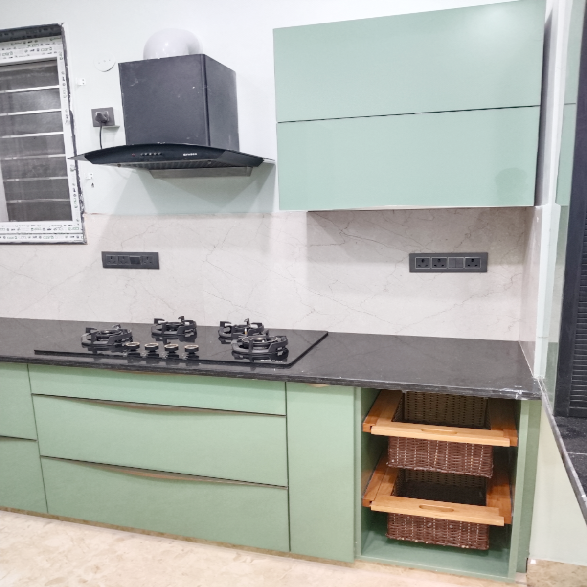 Amaltas Green Acrylic Modular Kitchen with Hettich Hardware and Boilio Board