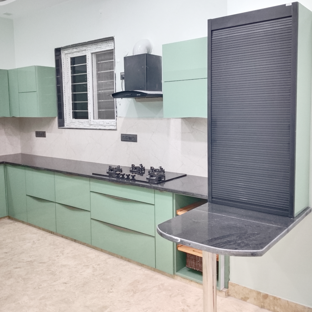 Amaltas Green Acrylic Modular Kitchen with Hettich Hardware and Boilio Board