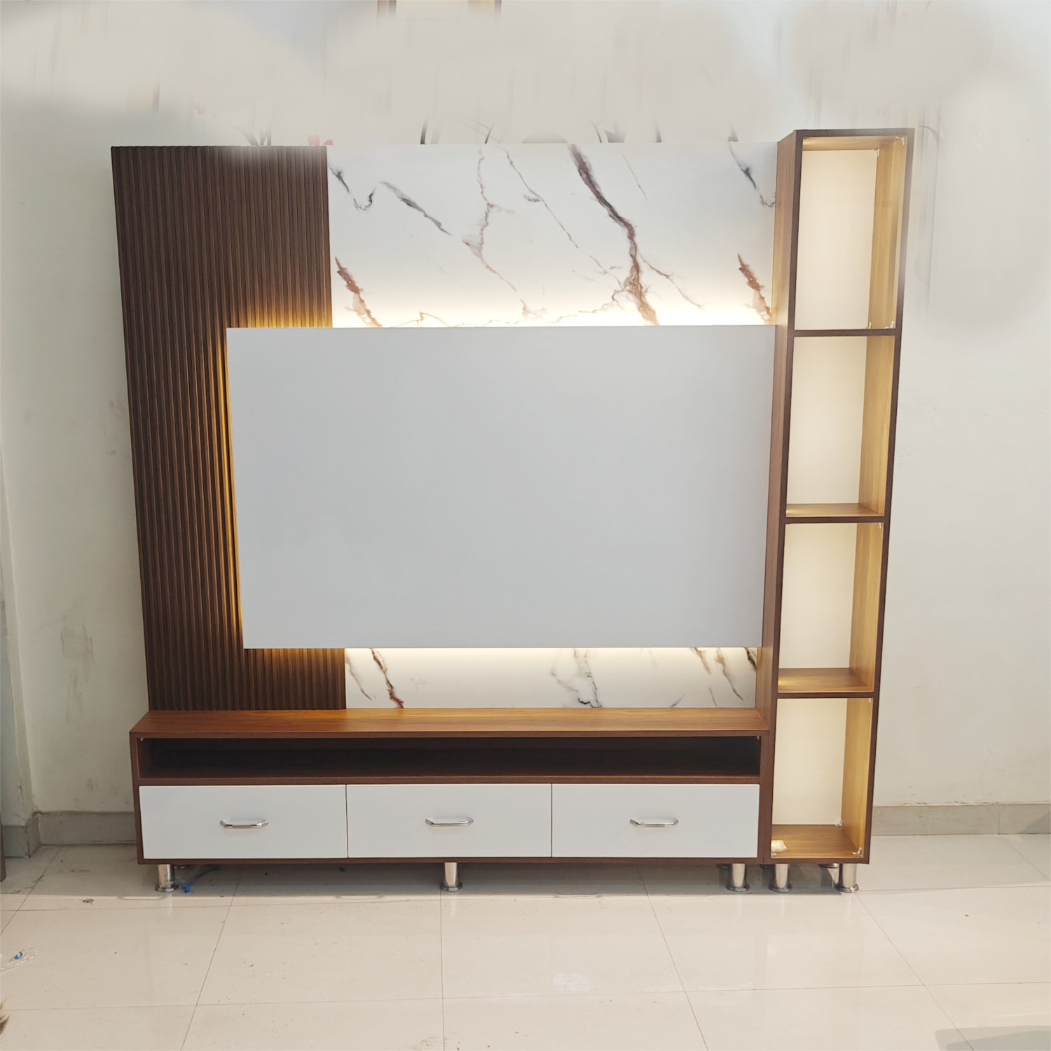 Amaltas TV Unit with Lowers Design, Back Light and Open Rack